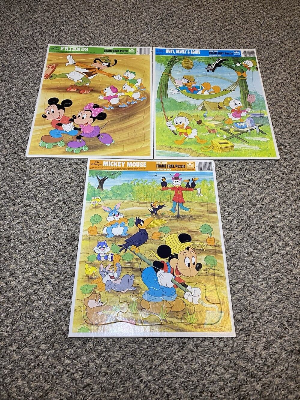 Vintage Lot Of 3 Golden Disney Frame Tray Puzzle Mickey Mouse Goofy Minnie Ducks